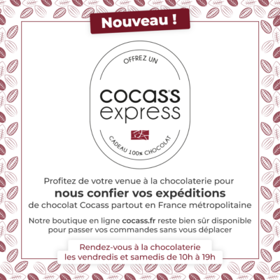 Découvrez Cocass Express ! Nous expédions tous vos cadeaux 100% chocolat partout en France métropolitaine ! Rendez-vous à la chocolaterie