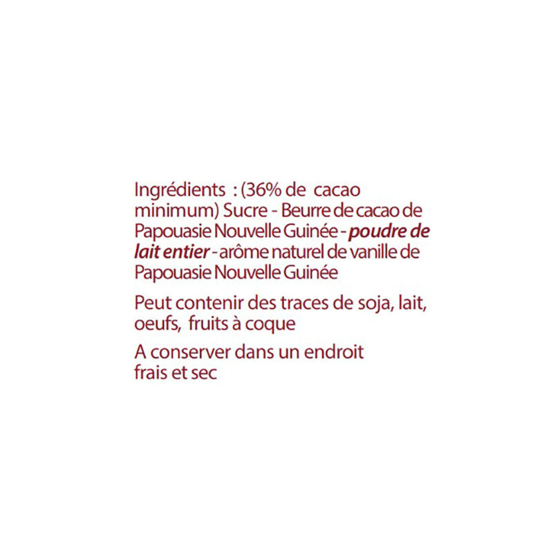 Cocass chocolat blanc Papouasie Nouvelle Guinée ingrédients