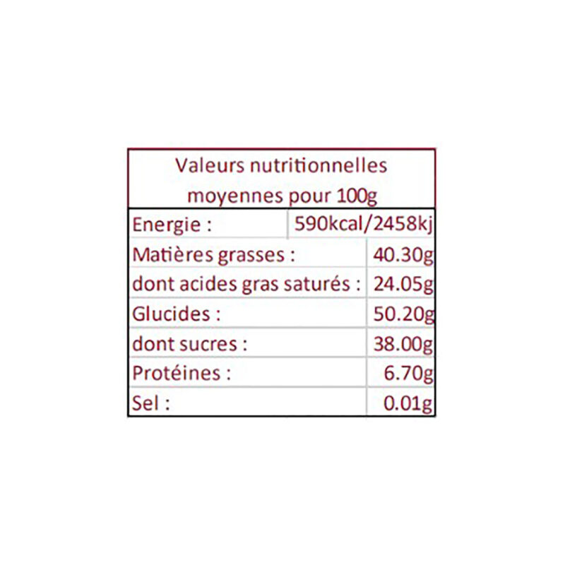 Cocass chocolat noir Variété Mayan Red 62% valeurs nutri
