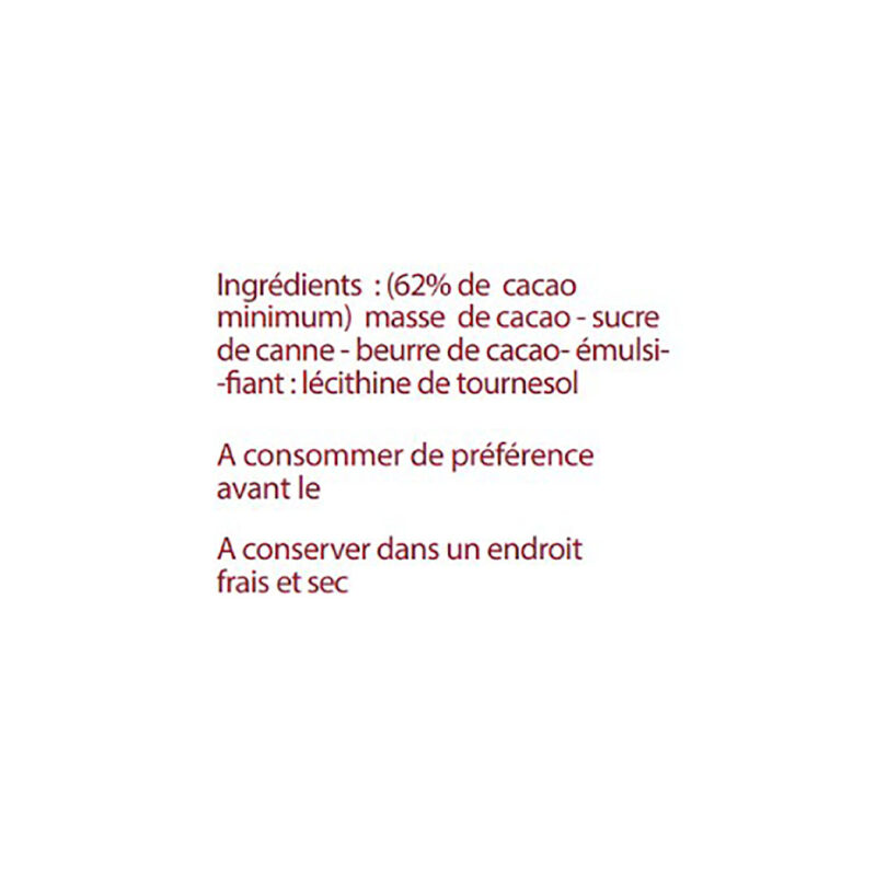 Cocass chocolat noir variété Mayan Red 62% ingrédients